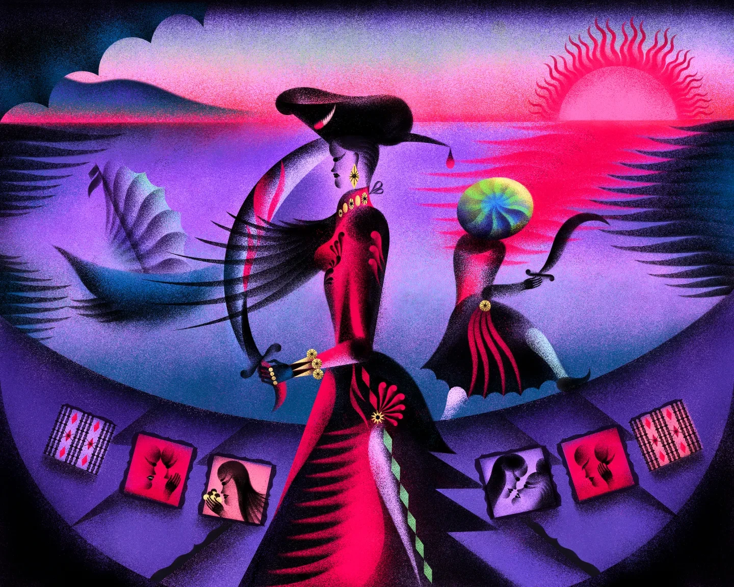 Sunrise illustration of pirate queen Zheng Yi Sao on a ship holding a curved sword with her back to another pirate