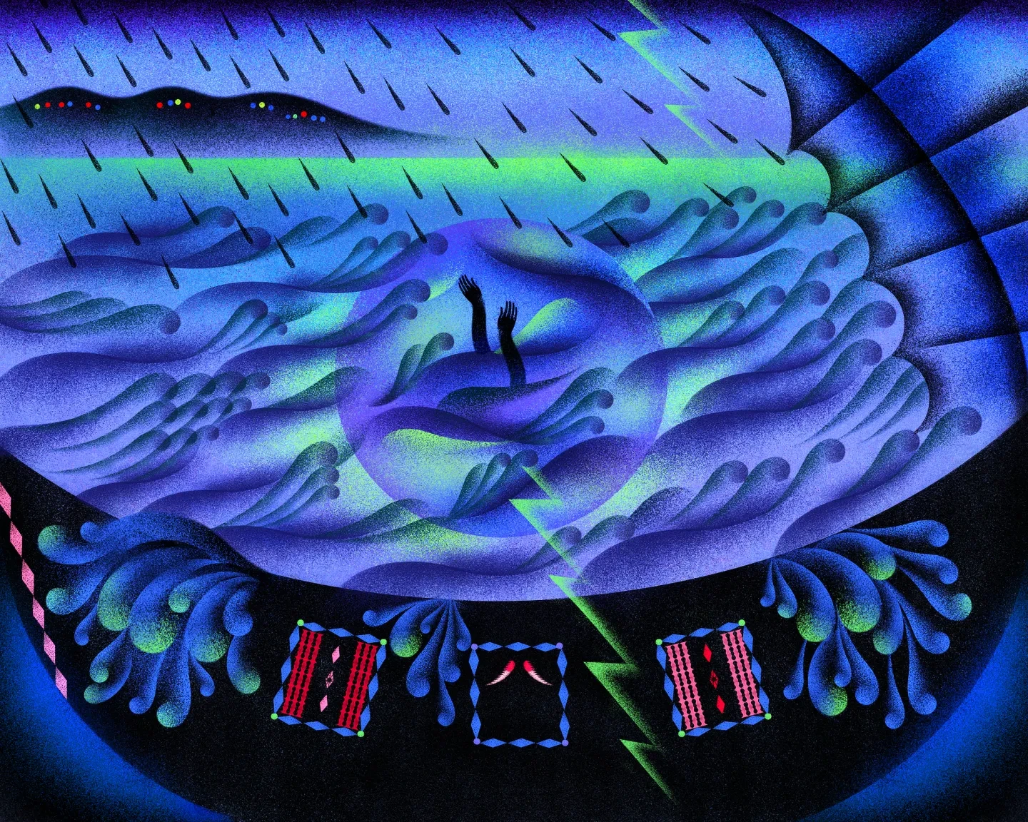 A hand rises above a tempestuous sea in stormy weather