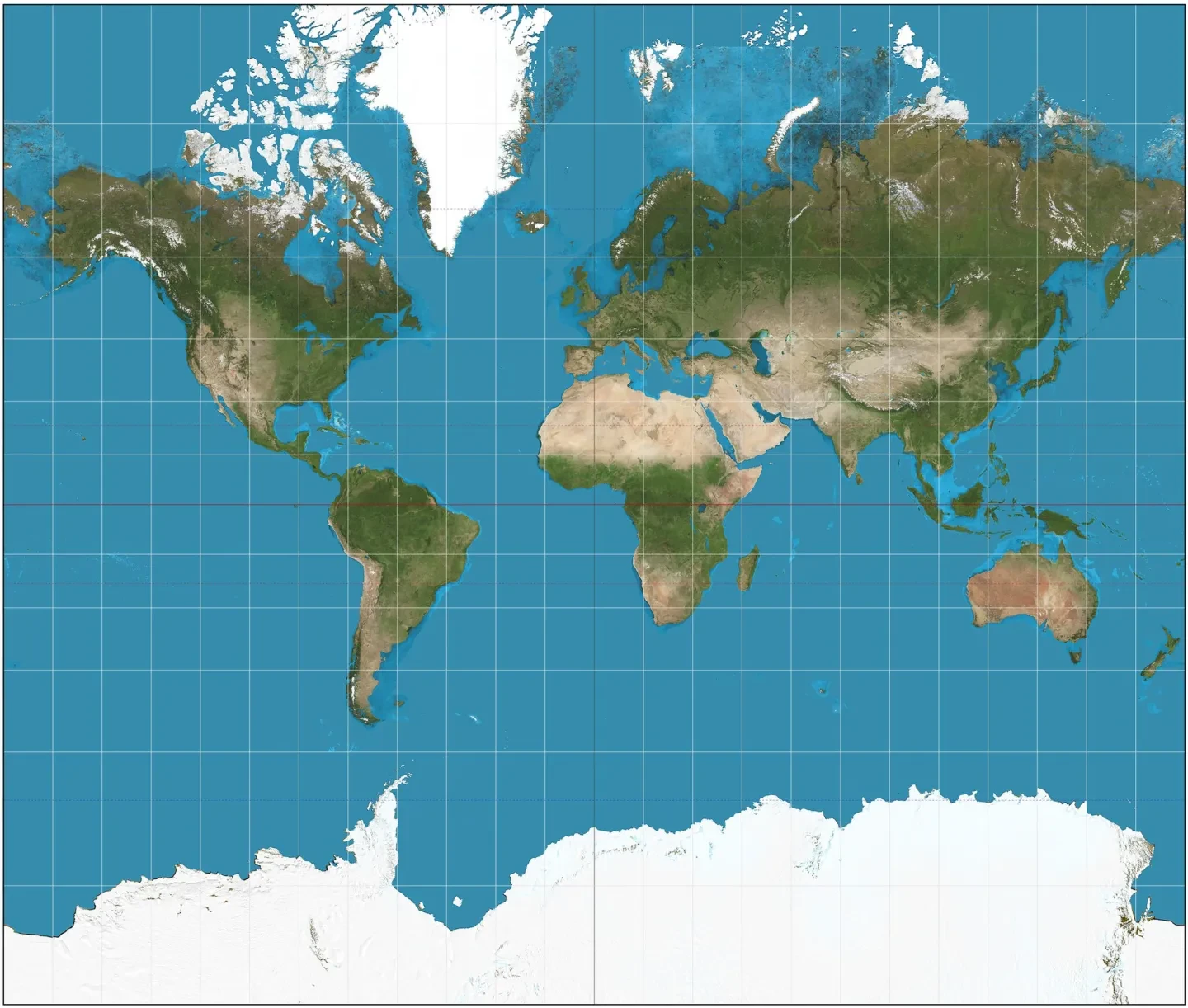 A type of world map known as the Mercator projection. The map contains a grid of latitude and longitude lines