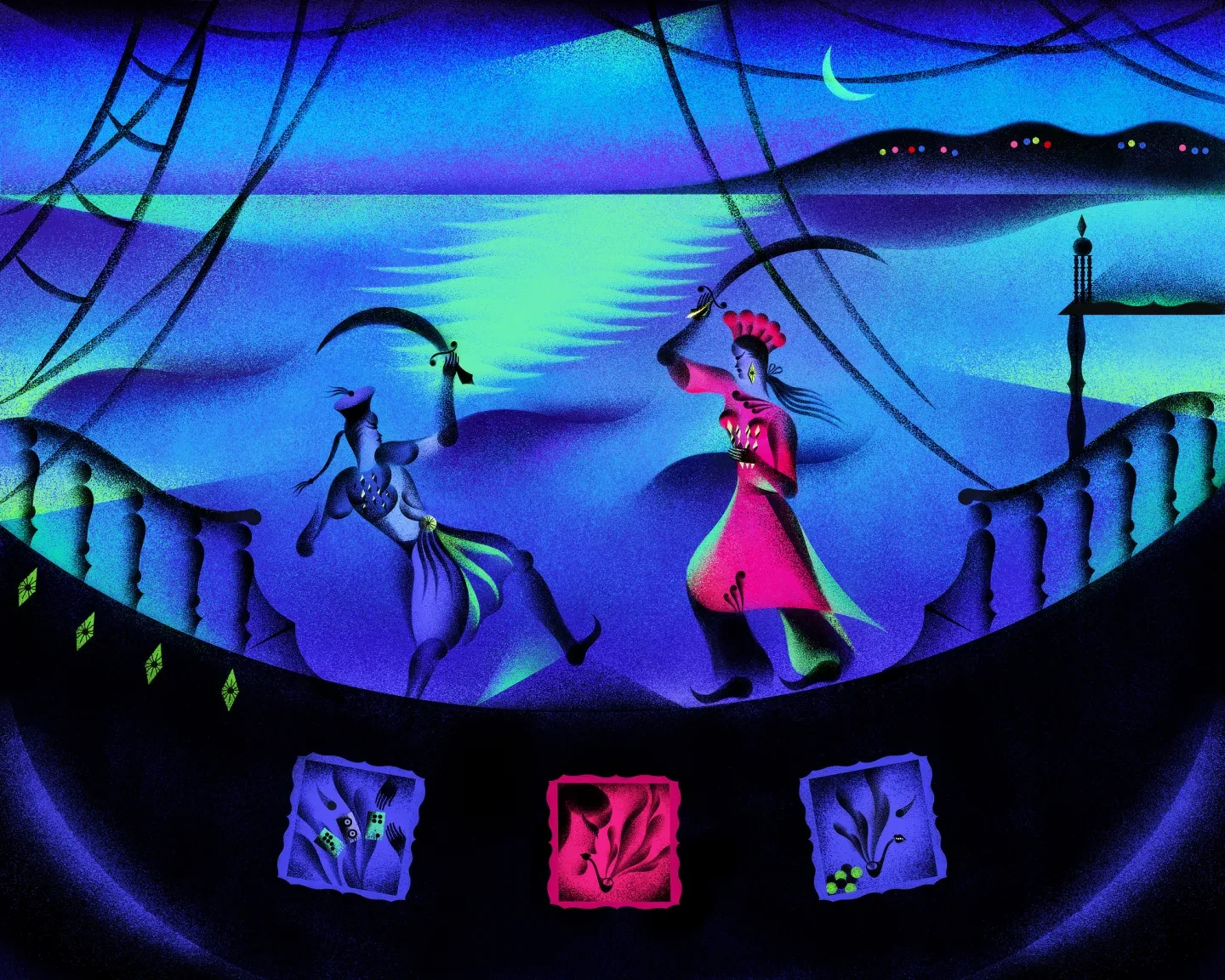 An illustration of two pirates fighting with curved swords on a boat at night