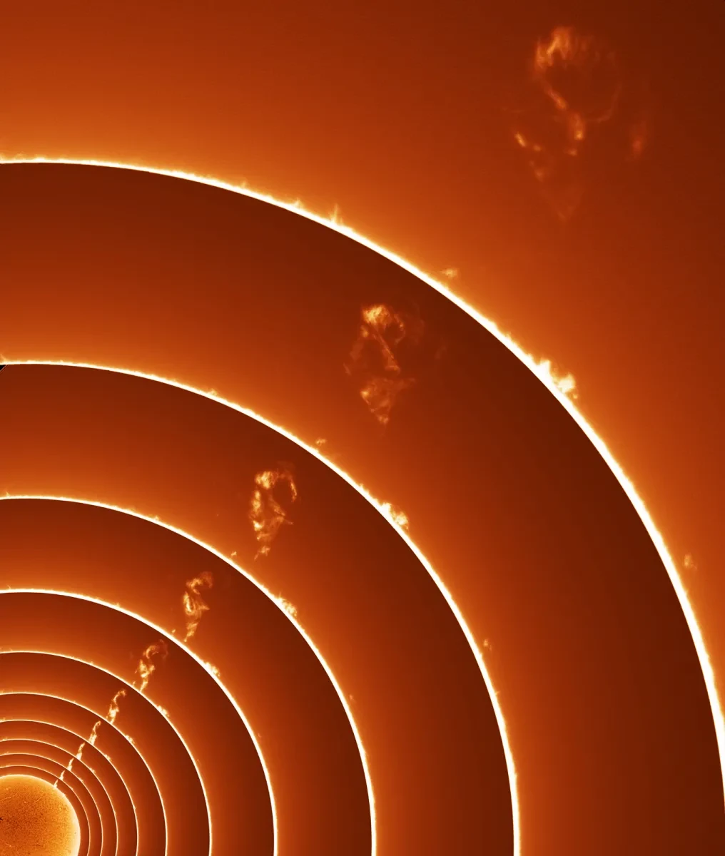 A composite photograph showing progressive rings around the Sun and an expanding plasma cloud.