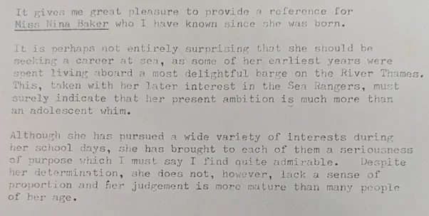 A typed reference letter praising Baker's determination and judgement