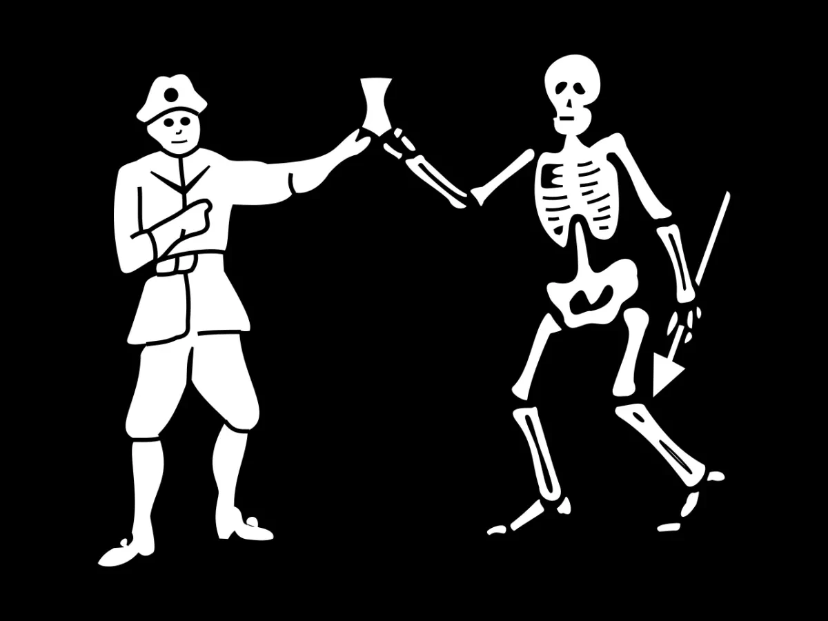 Flag depicting Bart Roberts holding up an hourglass with a skeleton