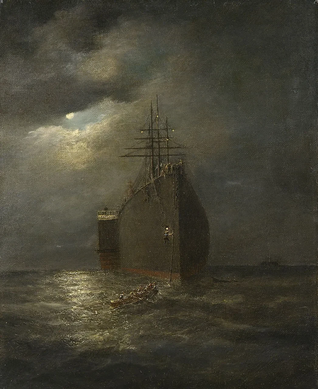 Painting of SS Great Eastern at night with the moon peaking through a gap in the clouds to illuminate the ship below.