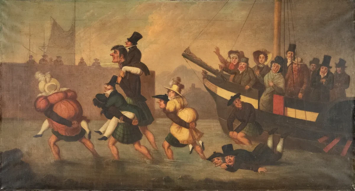 A comic maritime painting showing a group of people attempting to leave a stricken ship. A man is giving a piggy back to a small man in top hat, while others are carrying women across the water
