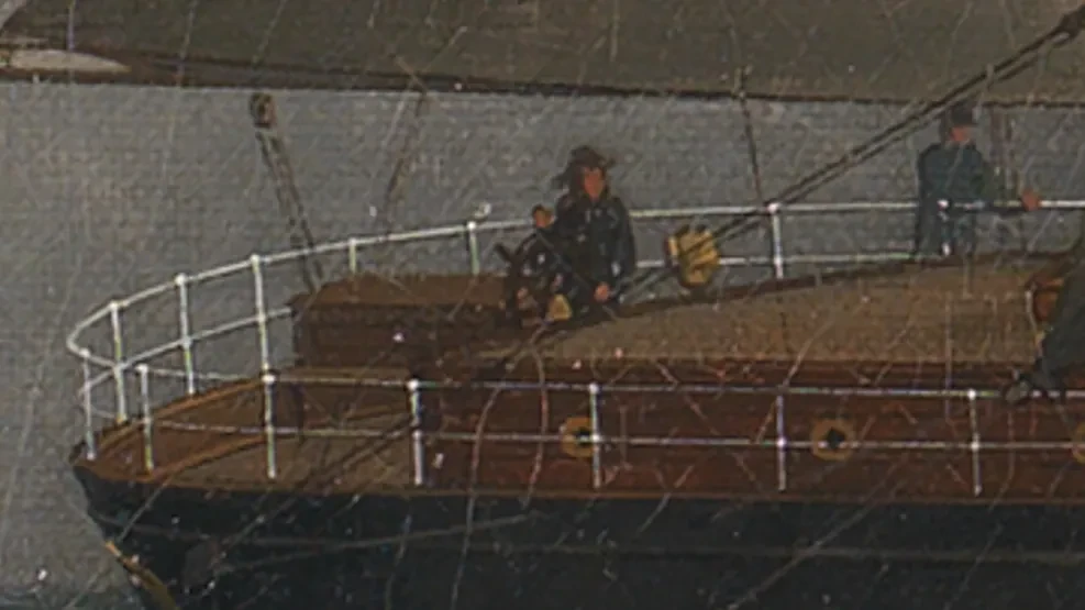 Detail of a painting showing a brass binnacle on the poop deck of Cutty Sark