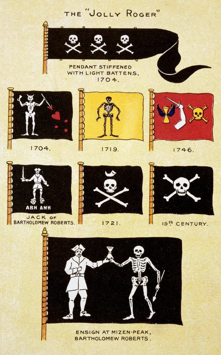 Illustration of different pirate flag designs throughout history, including variations on the classic 'Jolly Roger' skull and crossbones design
