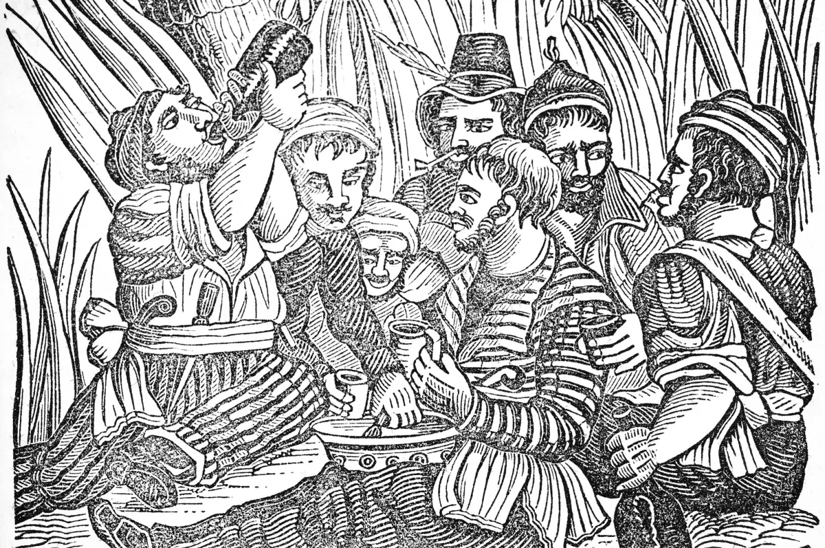 Black and white drawing of men drinking rum.