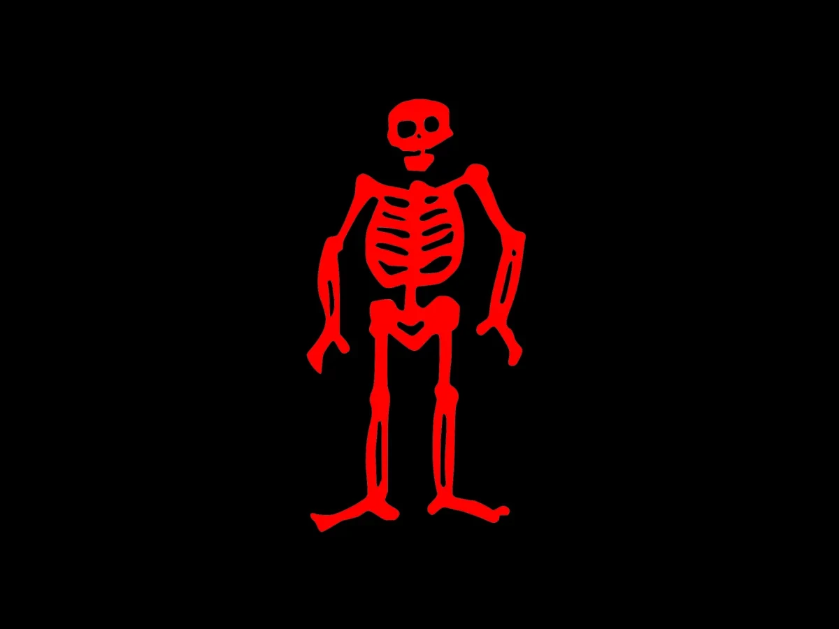 Ned Low's flag depicting a red skeleton on a black background