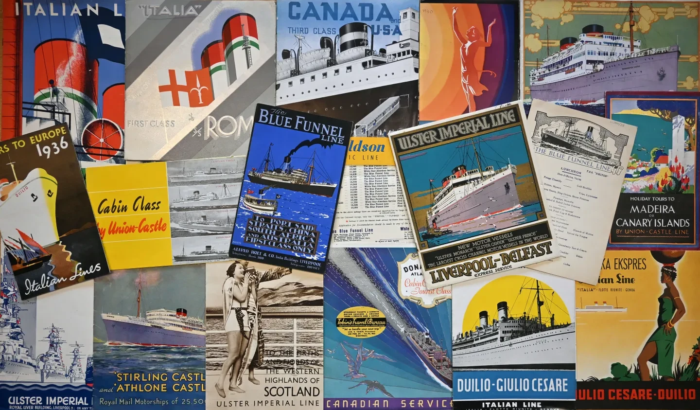 Selection of colourful shipping line leaflets depicting ocean liners advertising routes