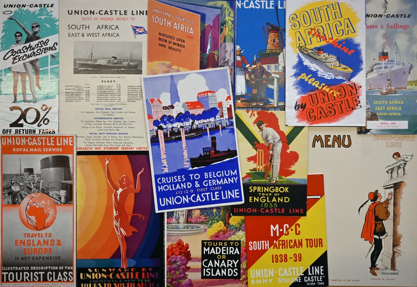 Selection of Union Castle Line publications, including menus and posters.