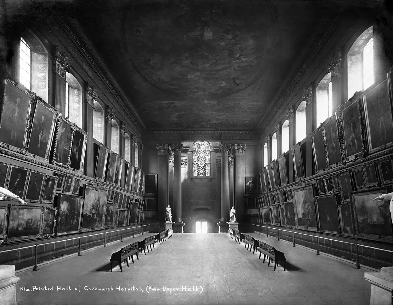Black and white historic photograph of the Painted Hall of Greenwich Hospital