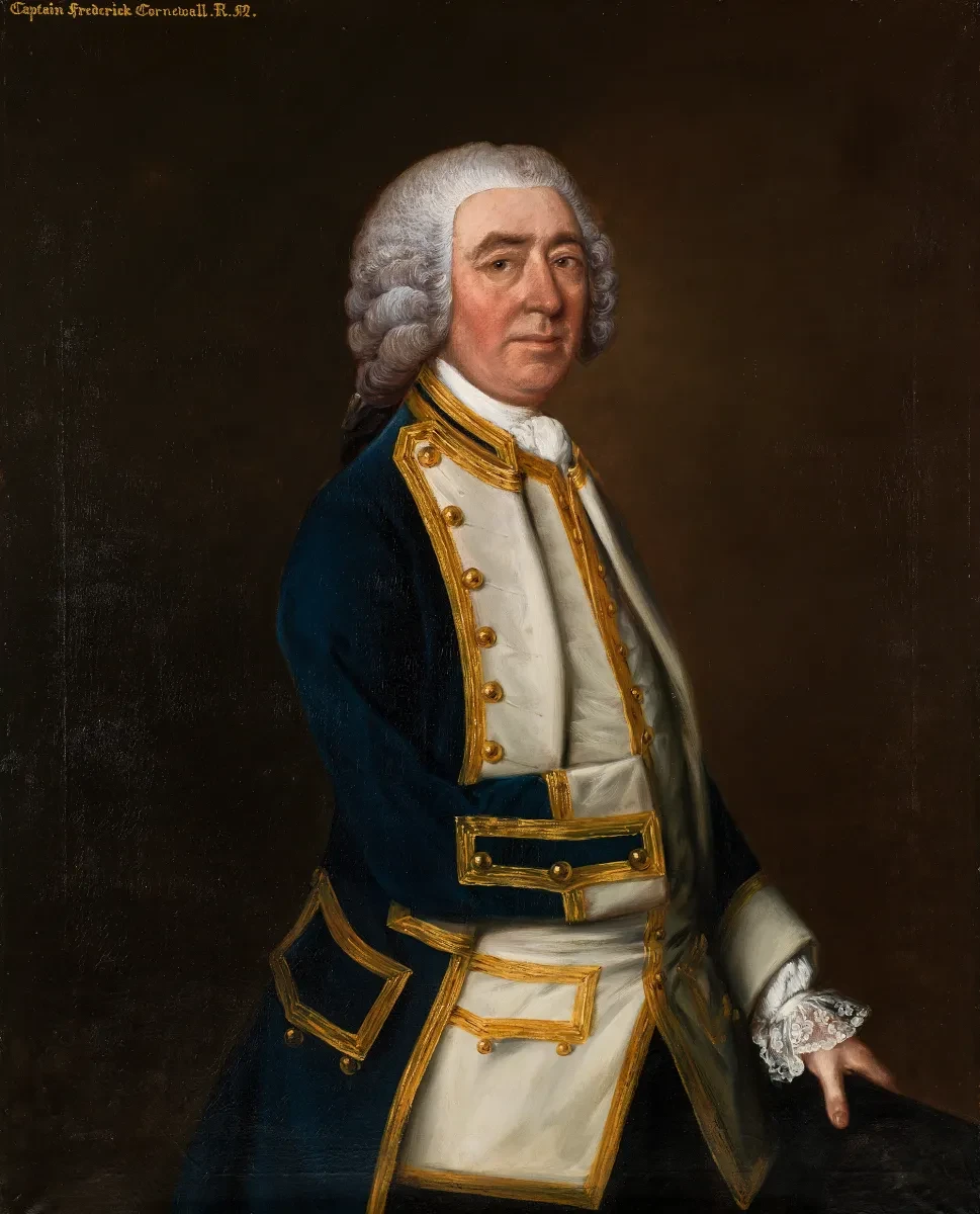 A portrait of Captain Frederick Cornewall wearing a navy and gold coat