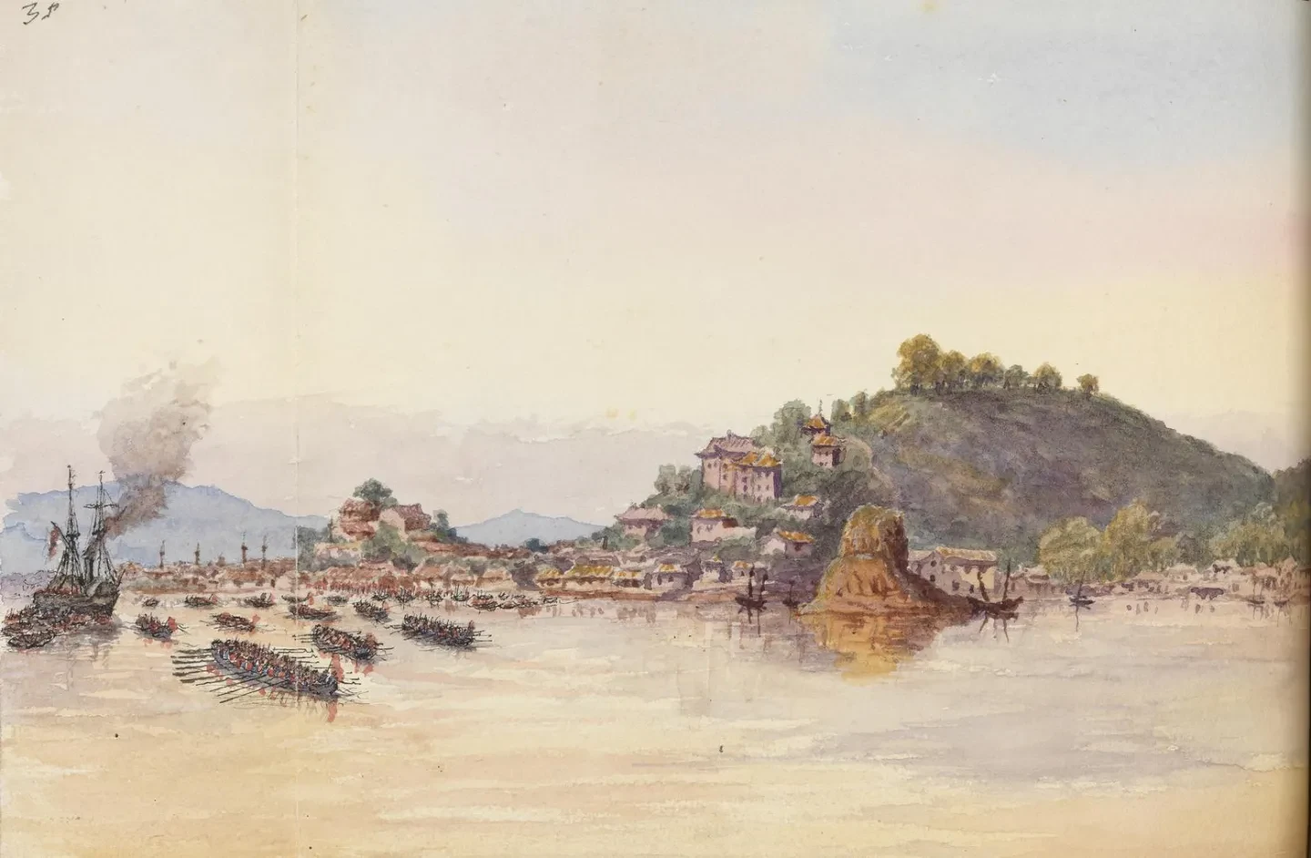 Watercolour of a burning ship and a cluster ships by the shore, with a mountainous backdrop