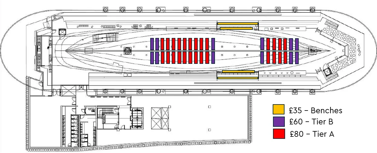 Seating plan showing layout of Cutty Sark and price tiers