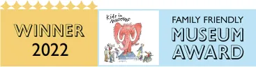 Logo showing three boxes next to each other horizontally, one saying 'winner 2022', the next having a mammoth with Kids in Museums in text next to it, and the last saying family friendly museum award