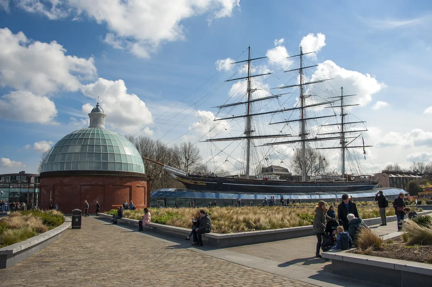 A view of the historic ship Cutty Sark in the dry dock at Greenwich