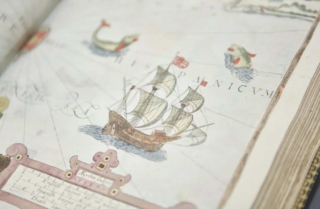 Detail of a ship from an illustrated map or journal.