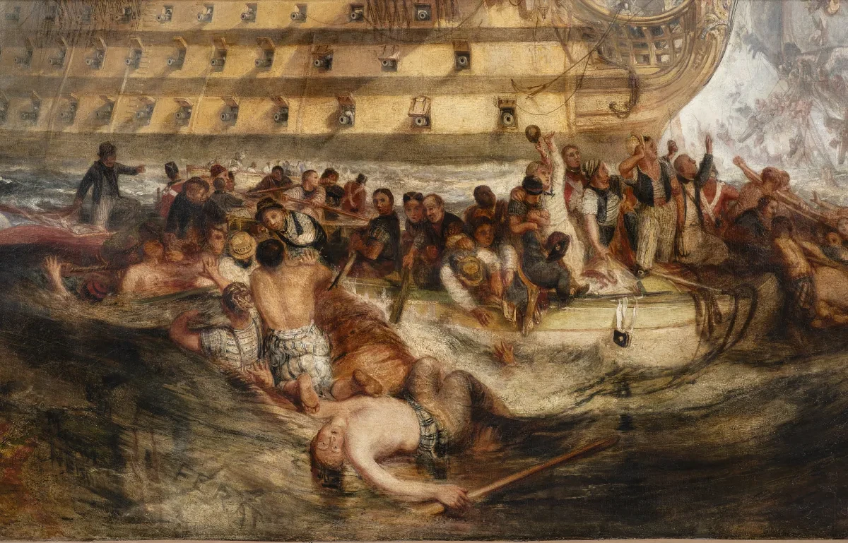 Close up detail of Nelson's 'FERAT' motto in Turner's 'The Battle of Trafalgar'