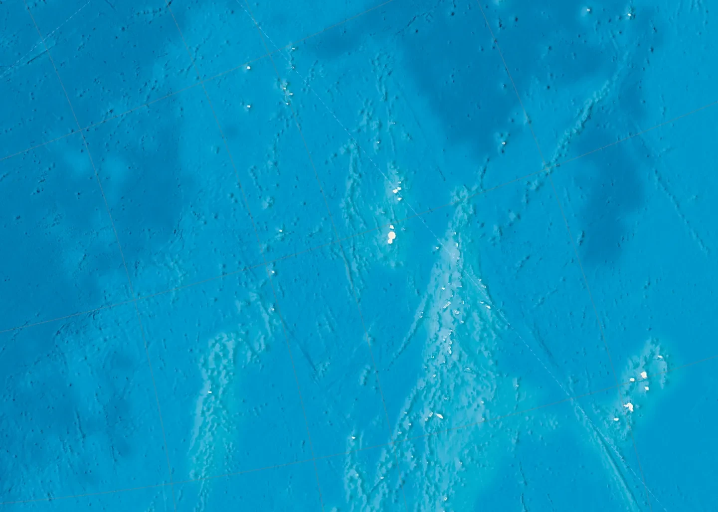 A detail from a large-scale floor map of the ocean, showing tiny islands in the middle of the Pacific Ocean
