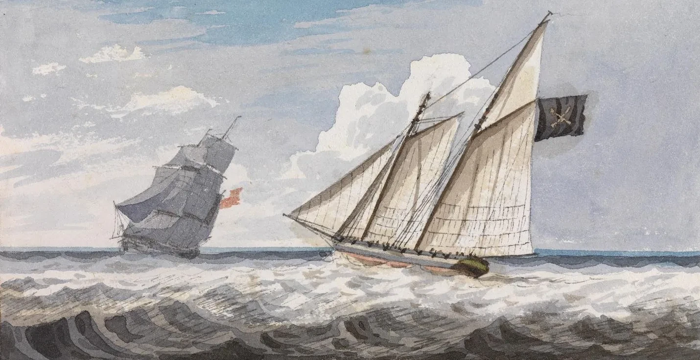 Old painting of two boats at sea, a pirate vessel with black sails being chased by a smaller one with white sails