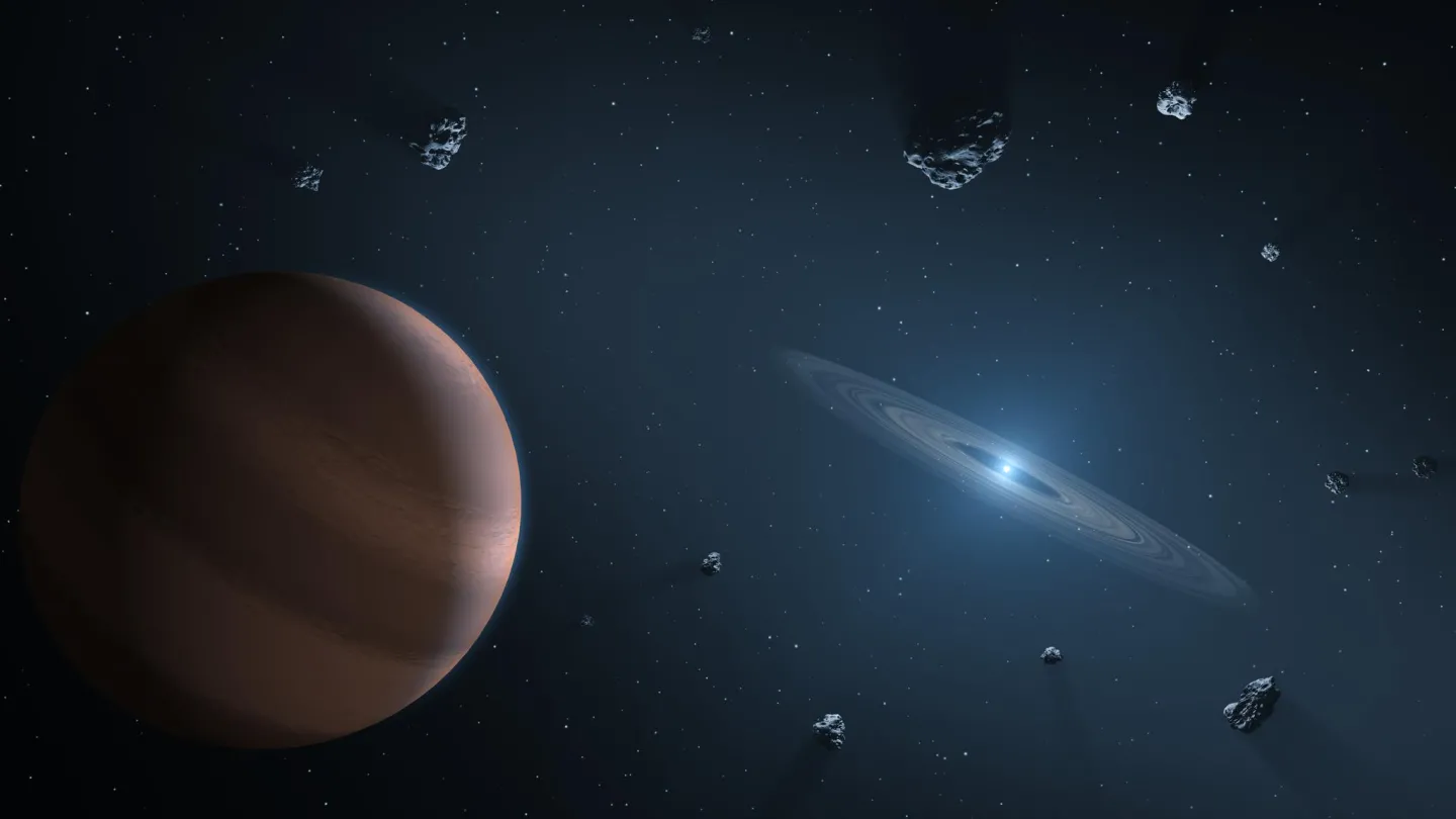 An artist's concept showing an exoplanet and debris disc orbiting a polluted white dwarf.