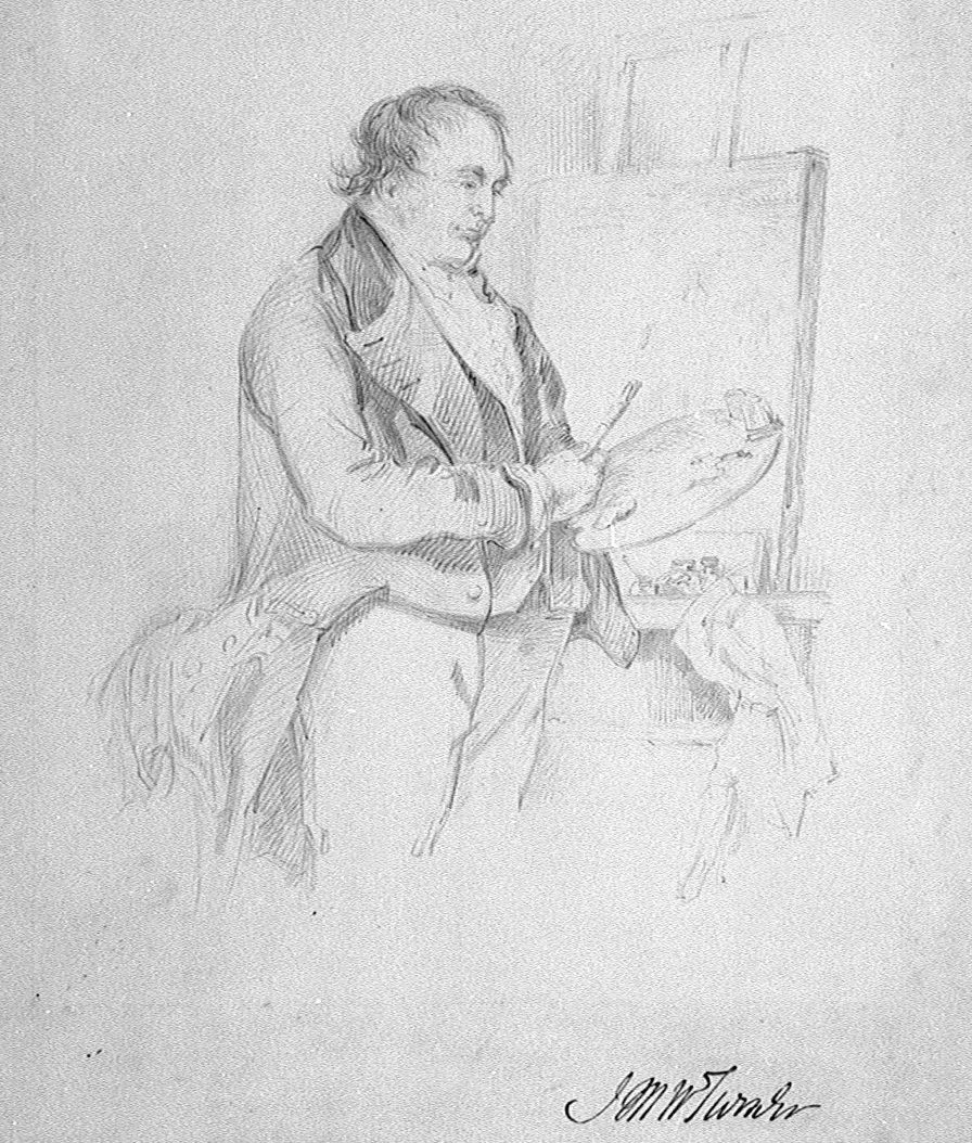 Print of artist J.M.W. Turner holding a palette and paintbrush in front of an easel
