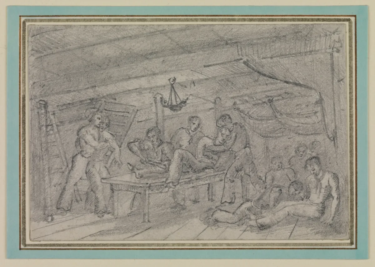 Rough sketch showing conditions of a naval vessel during battle. Wounded men are helped into the area and lie injured across the deck. On a table in the centre two sailors restrain a third who is having his leg amputated, without the benefit of anaesthetic.