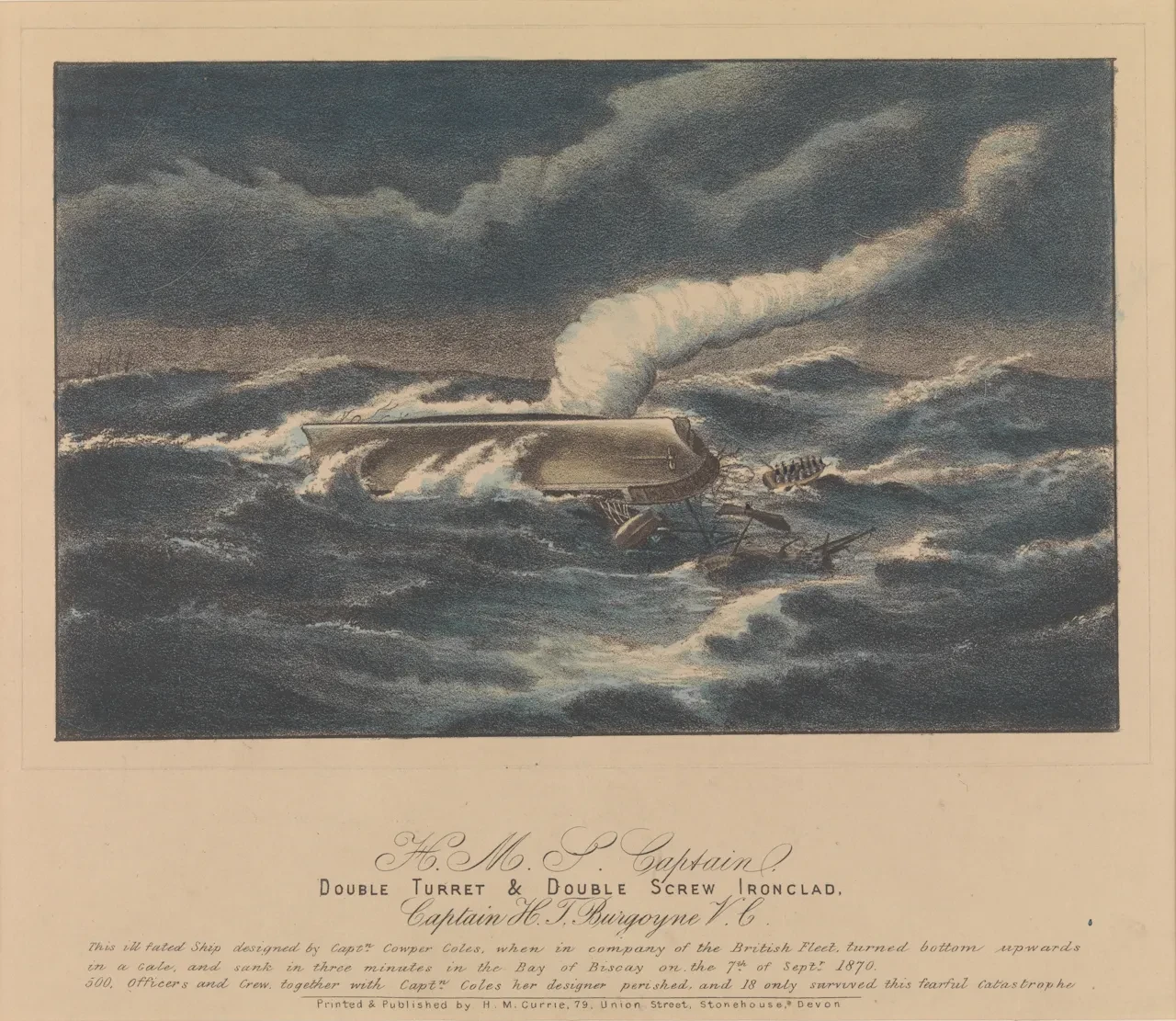 Historic print illustrating the sinking of HMS Captain in a storm. The ship is upside-down in a heavy sea, with smoke billowing from the top