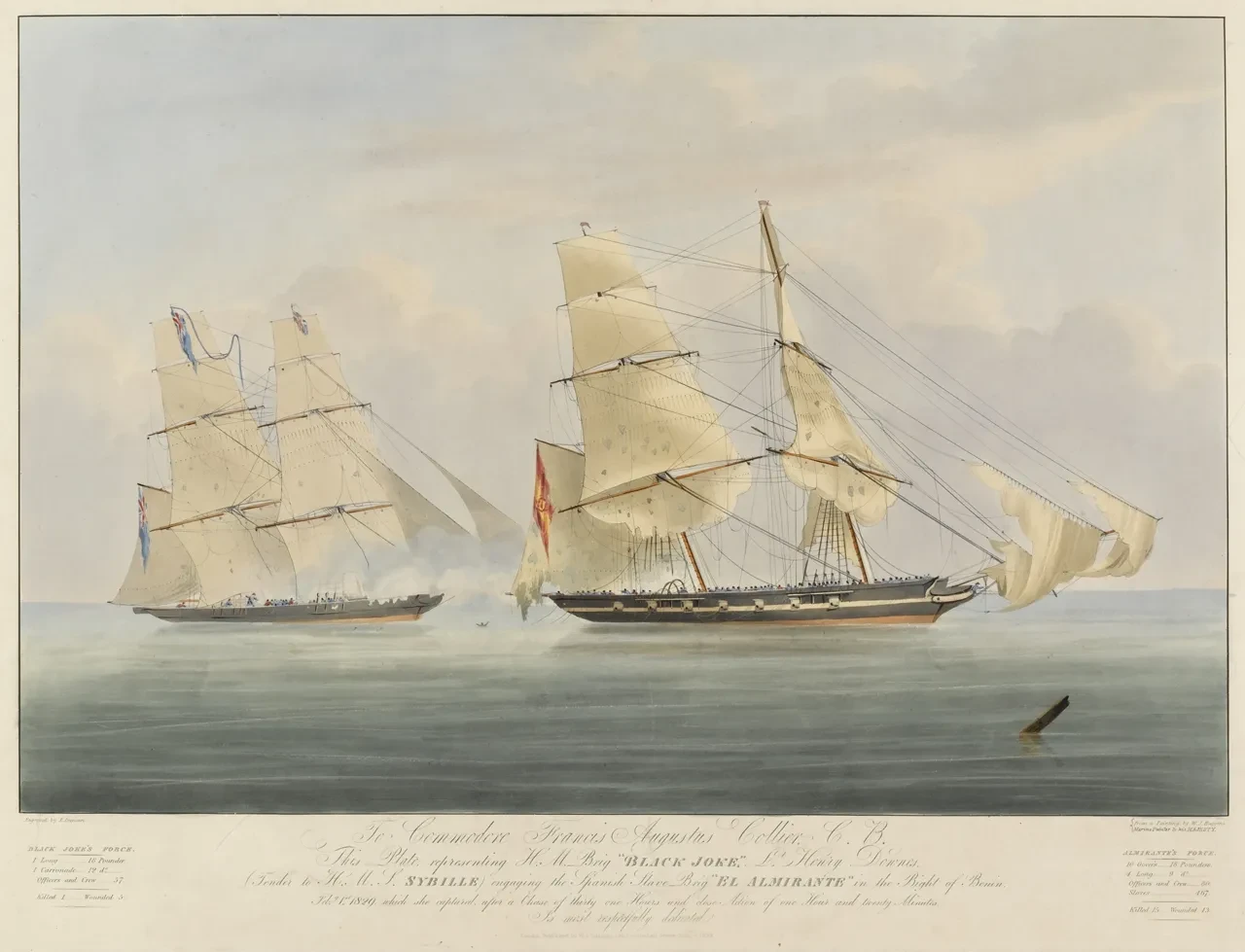 Historic painting of two sailing ships on a calm sea