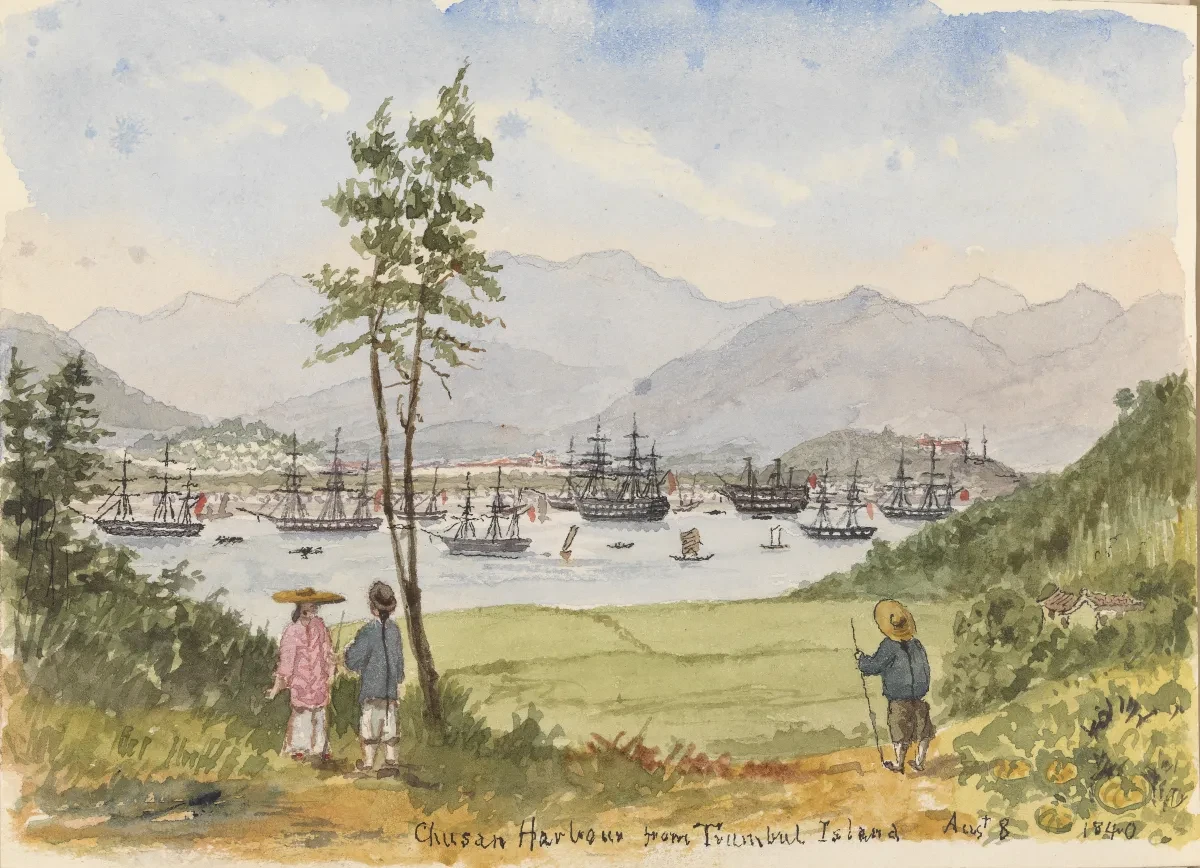 Watercolour sketch of three Chinese people looking out to Chusan harbour watching European sailing vessels assembled there.