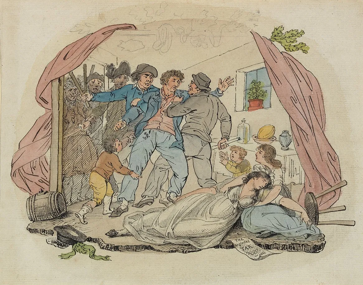 A drawing showing a seaman being seized from his family by a press gang