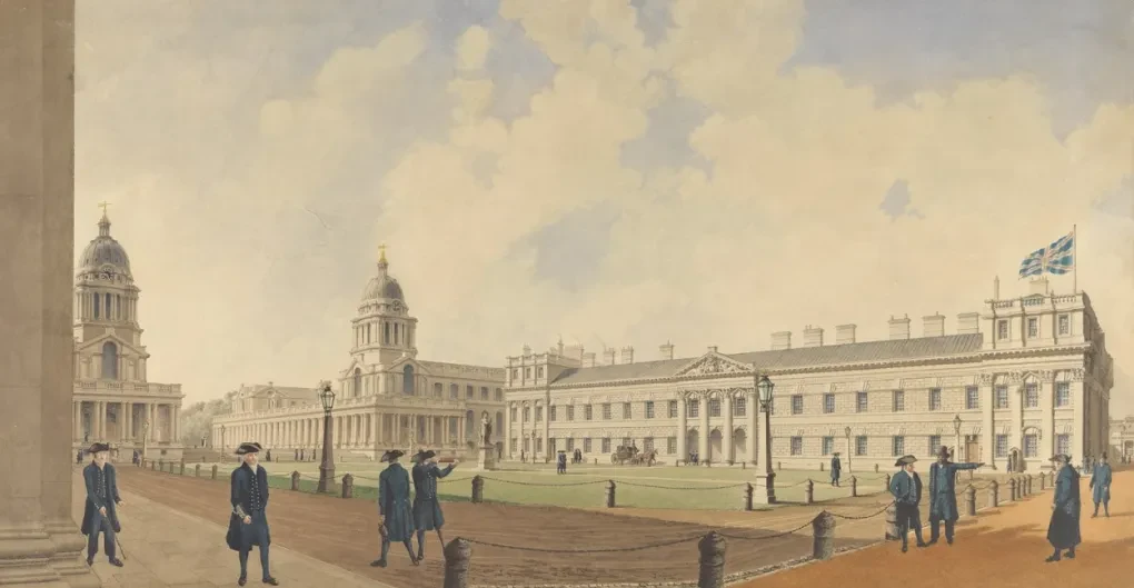 Greenwich Hospital viewed from the north and showing pensioners, 1830 (PAH9662)