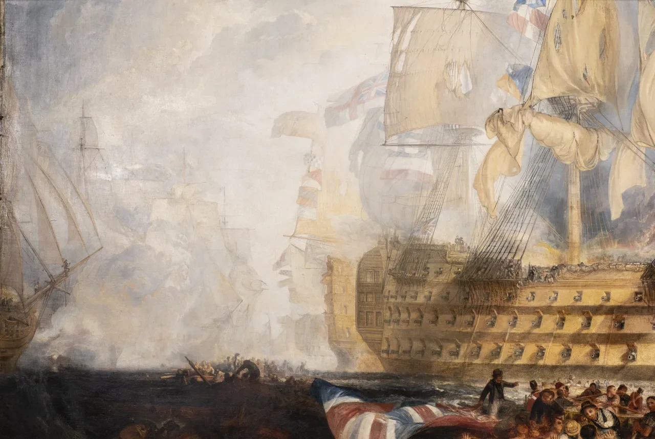 Detail of The Battle of Trafalgar by Turner, showing the Neptune entering from the left in front of the burning Achille, with the illuminated stern of the Santísima Trinidad behind the Victory and the Bucentaure beyond