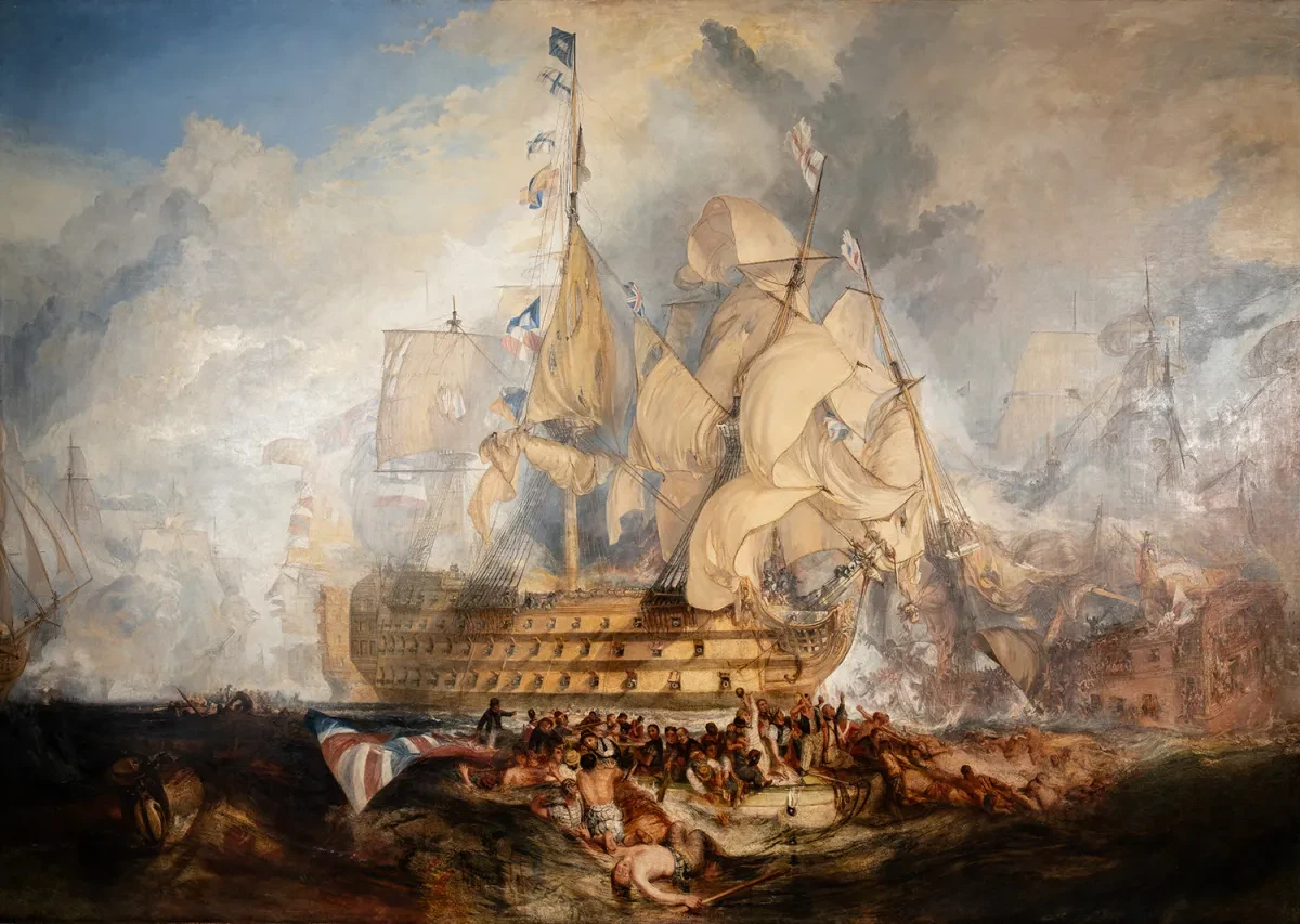 A painting of the ship HMS Victory at the Battle of Trafalgar with seafarers being tossed around in the churning waves below