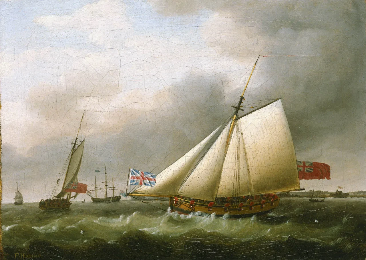 Old painting of a cutter ship at sea flying a red flag with the Union Jack in the top left corner