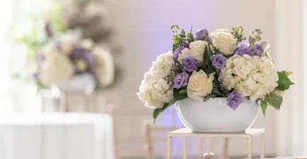 White and lilac flower arrangement on a table